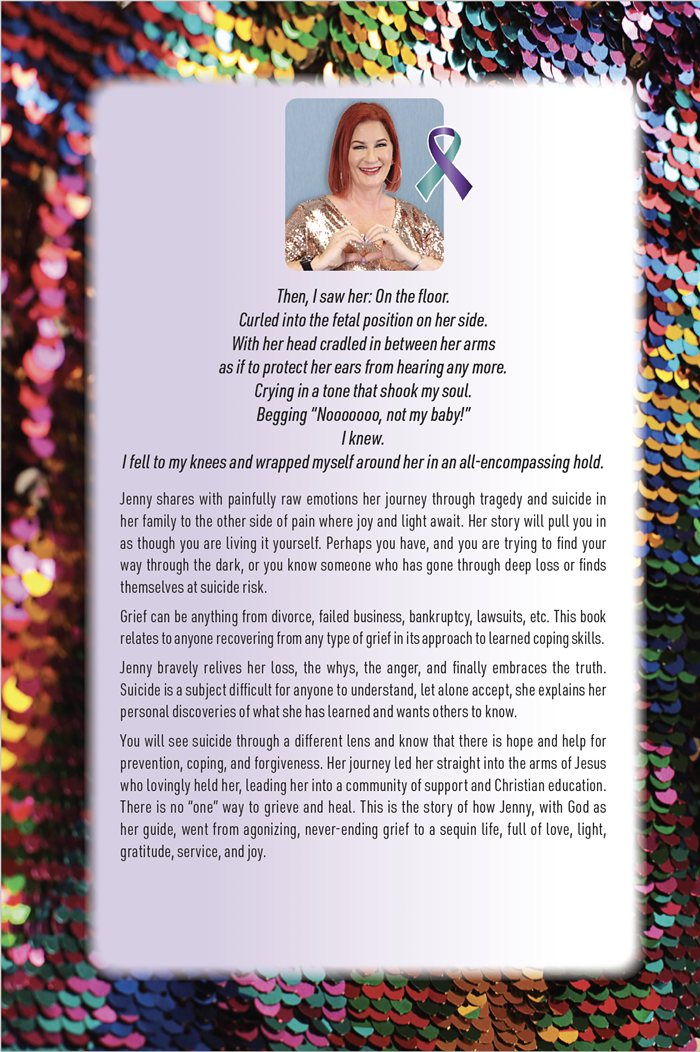 Back cover of Suicide & Sequins, featuring Jenny DeBolt and an excerpt from the book